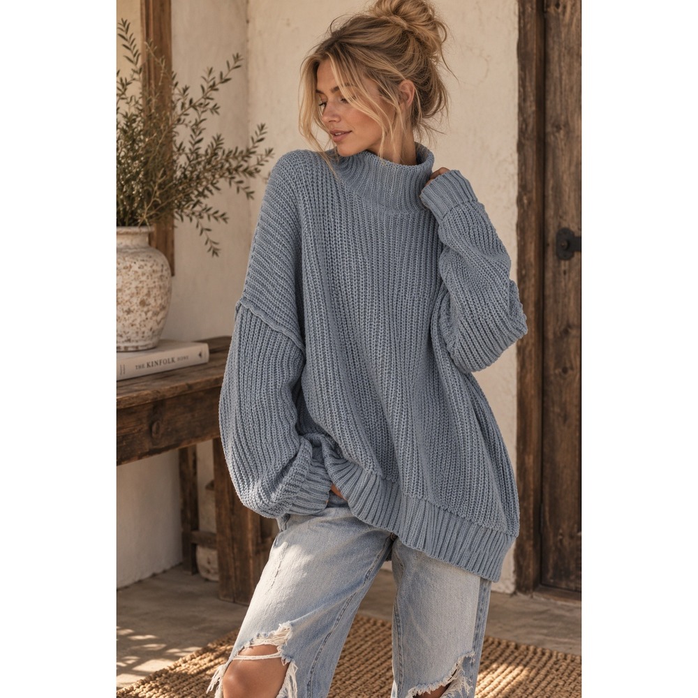 Aerie Oversized Ribbed Mock Neck Sweater Dusty Blue Large